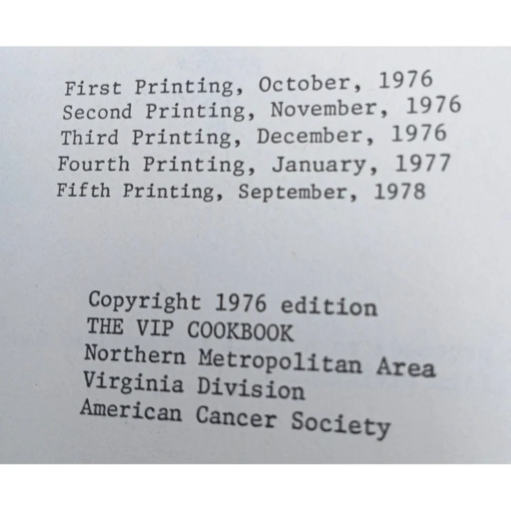 Vintage 1978 1983  VIP Cookbook  American Cancer Society Richmond Virginia NOS